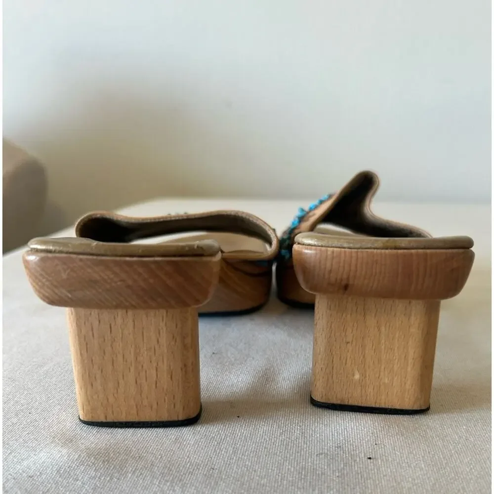 Cole Haan Resort leather turquoise bead boho slide shoe wooden sole. Italy 7.5